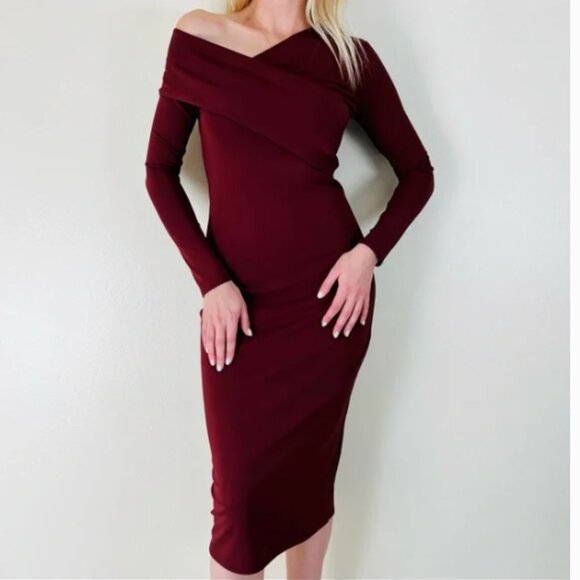 Zara Burgundy Asymmetrical Long Sleeve Bodycon Stretch Midi Dress, NWT, S - Picture 2 of 15